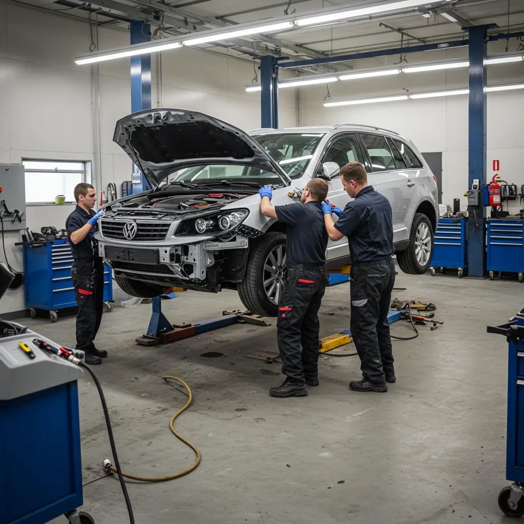 Technicians performing collision repair on a Volkswagen SUV in an auto body shop, illustrating the vehicle repair process with tools and equipment visible.