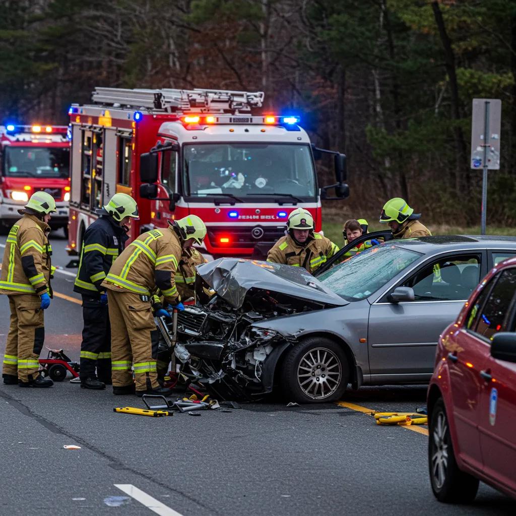 Emergency responders assisting at a car accident scene with a damaged vehicle, highlighting immediate response and safety measures.