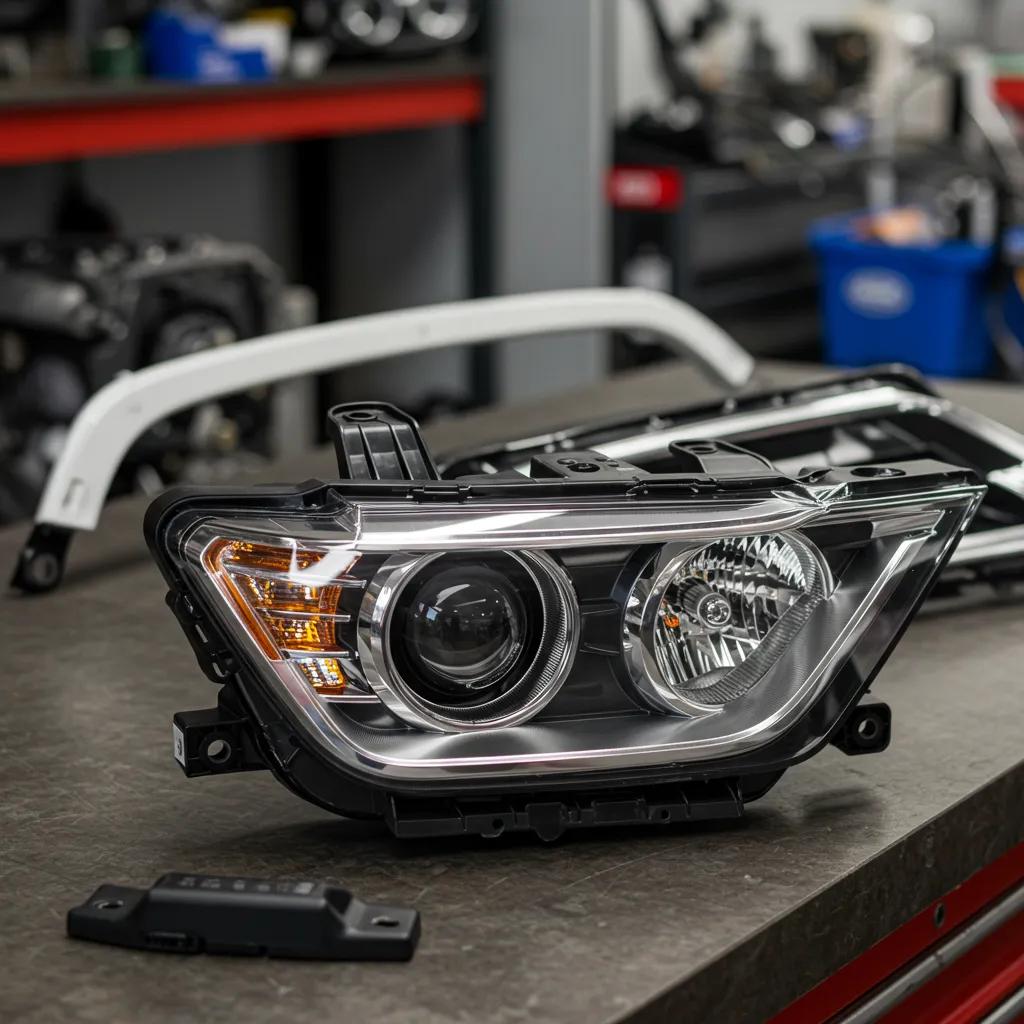 OEM car headlight assembly displayed on a workbench, emphasizing precision engineering and compatibility for vehicle repairs.