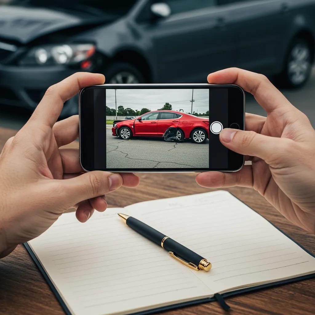Individual documenting a car accident with a smartphone, focusing on evidence collection for insurance claims, with a red vehicle in the background and a notebook on a table.