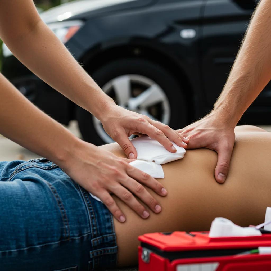 Person providing first aid for injury assessment at a car accident scene, applying pressure to a wound with a first aid kit visible nearby.