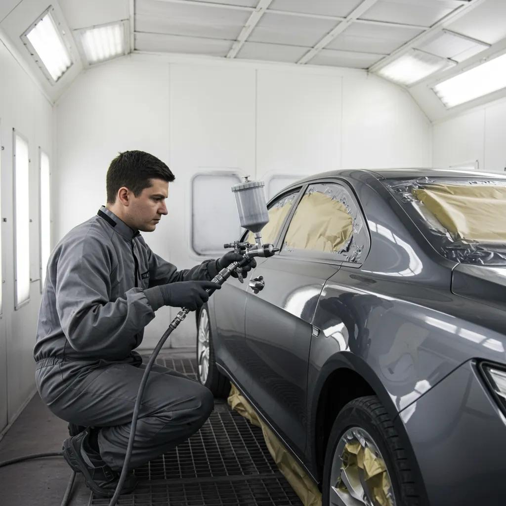 Technician applying automotive paint in a spray booth, demonstrating the painting and refinishing process for vehicle repair at Lyles Collision.