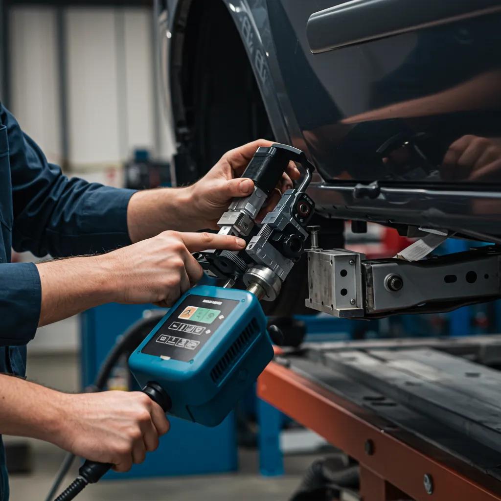Technician using precision measuring tools on a vehicle during structural repairs in an auto body shop, highlighting the collision repair process and restoration of safety systems.