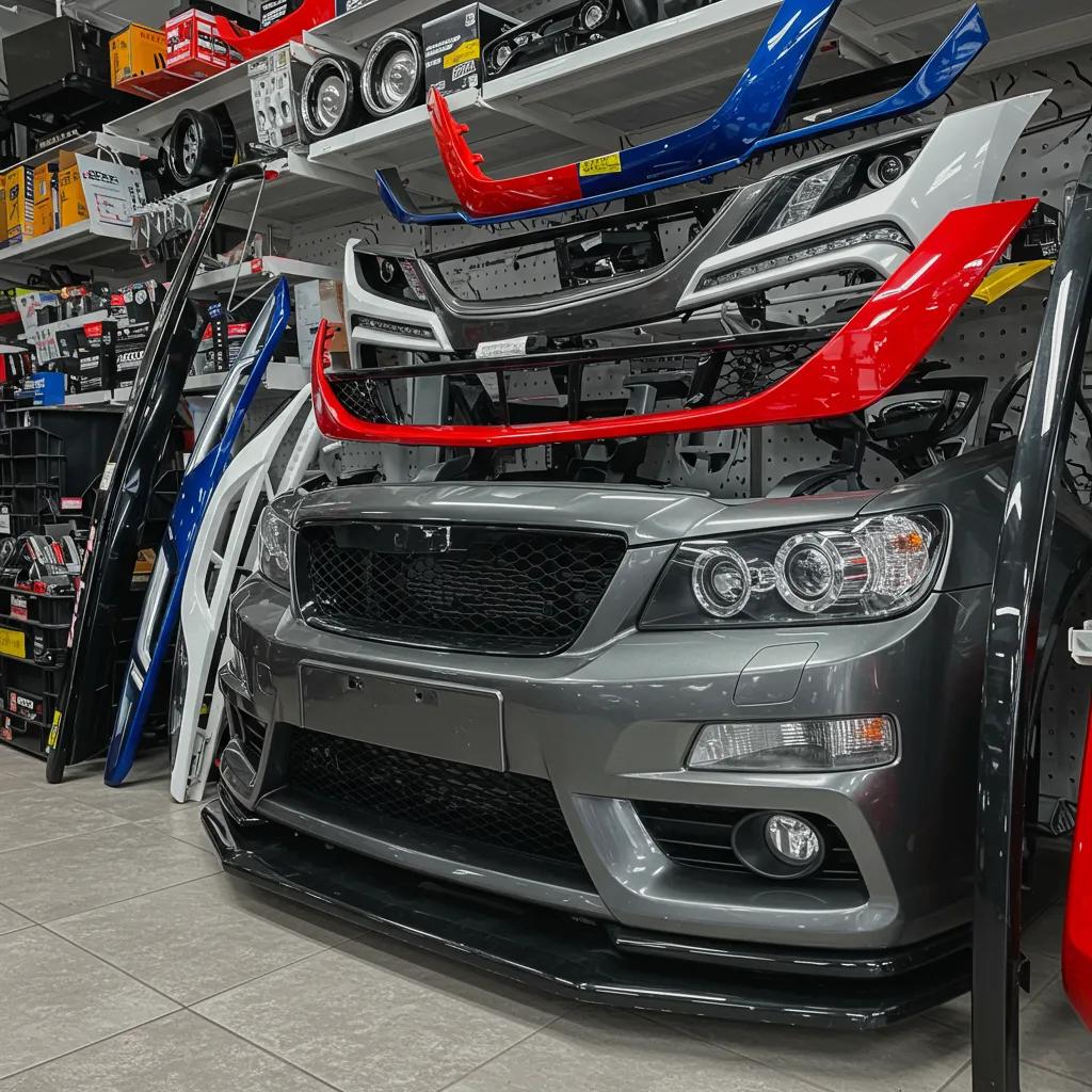 Colorful aftermarket car parts displayed in an auto parts store, featuring various bumpers and trim pieces, emphasizing options for vehicle customization and repair.
