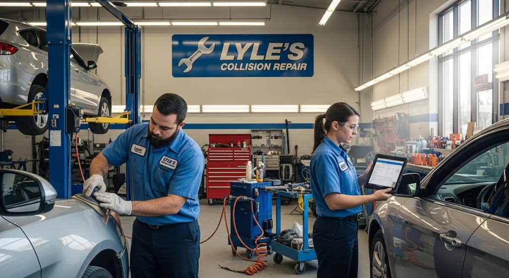 Auto body repair shop with technicians working on a vehicle, highlighting Lyle's collision repair services