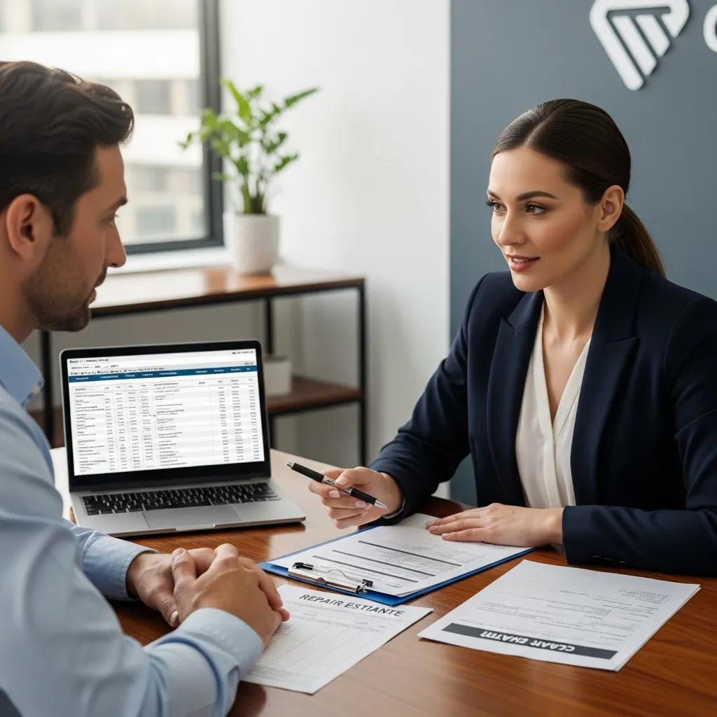 Customer discussing auto body repair estimate with insurance agent