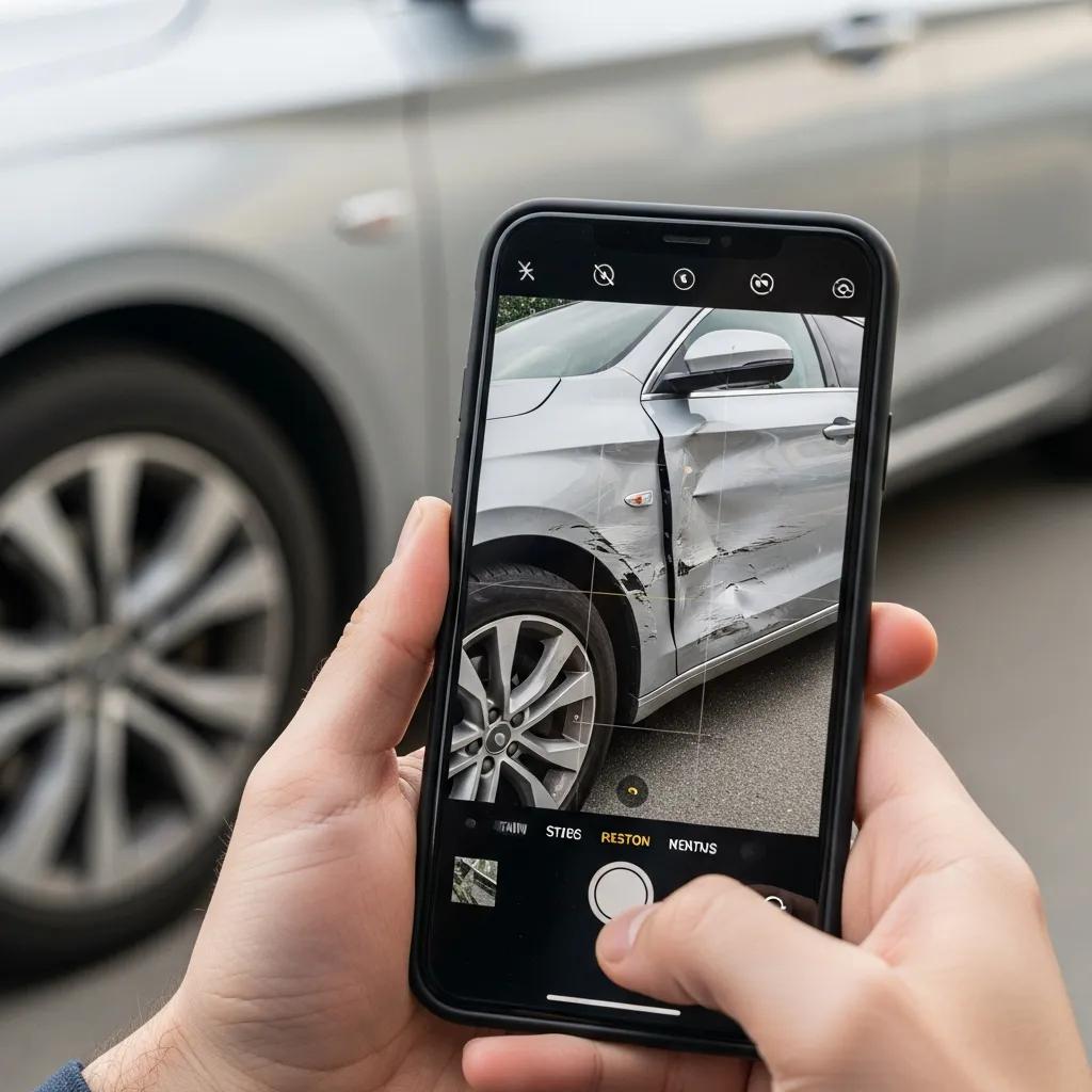 Person photographing vehicle damage for accurate auto body repair estimates