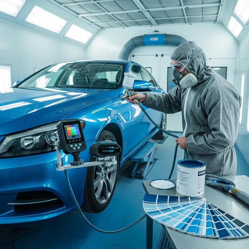 Technician applying paint in a spray booth, showcasing color matching techniques