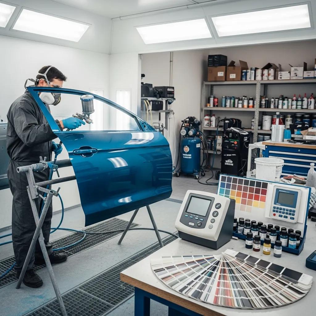 Technician applying blue paint to a vehicle door in an auto painting shop, showcasing color matching techniques and tools for vehicle restoration.