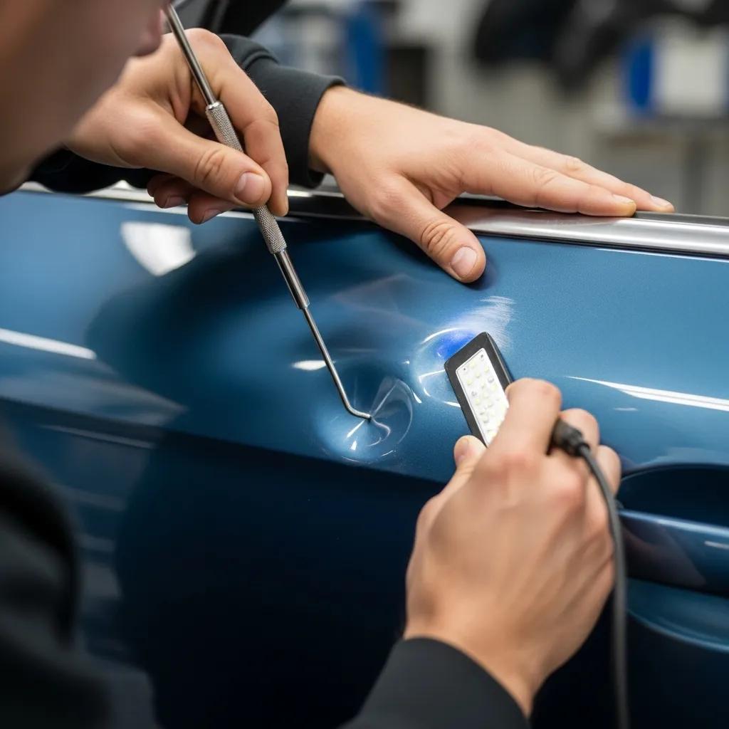 Technician performing paintless dent repair on a blue car door using specialized tools, demonstrating innovative techniques for minor vehicle damage restoration.