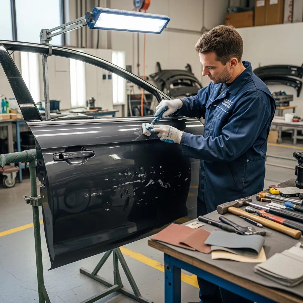 Auto body technician repairing a car door, highlighting professional car door repair services