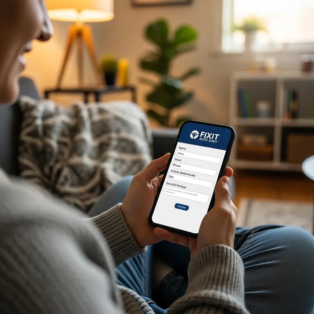 Customer using a smartphone to request an auto body repair estimate