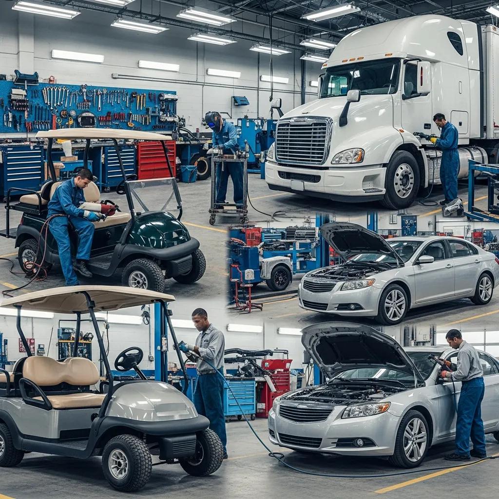 Diverse vehicles in an auto body repair shop, highlighting repair services for all sizes