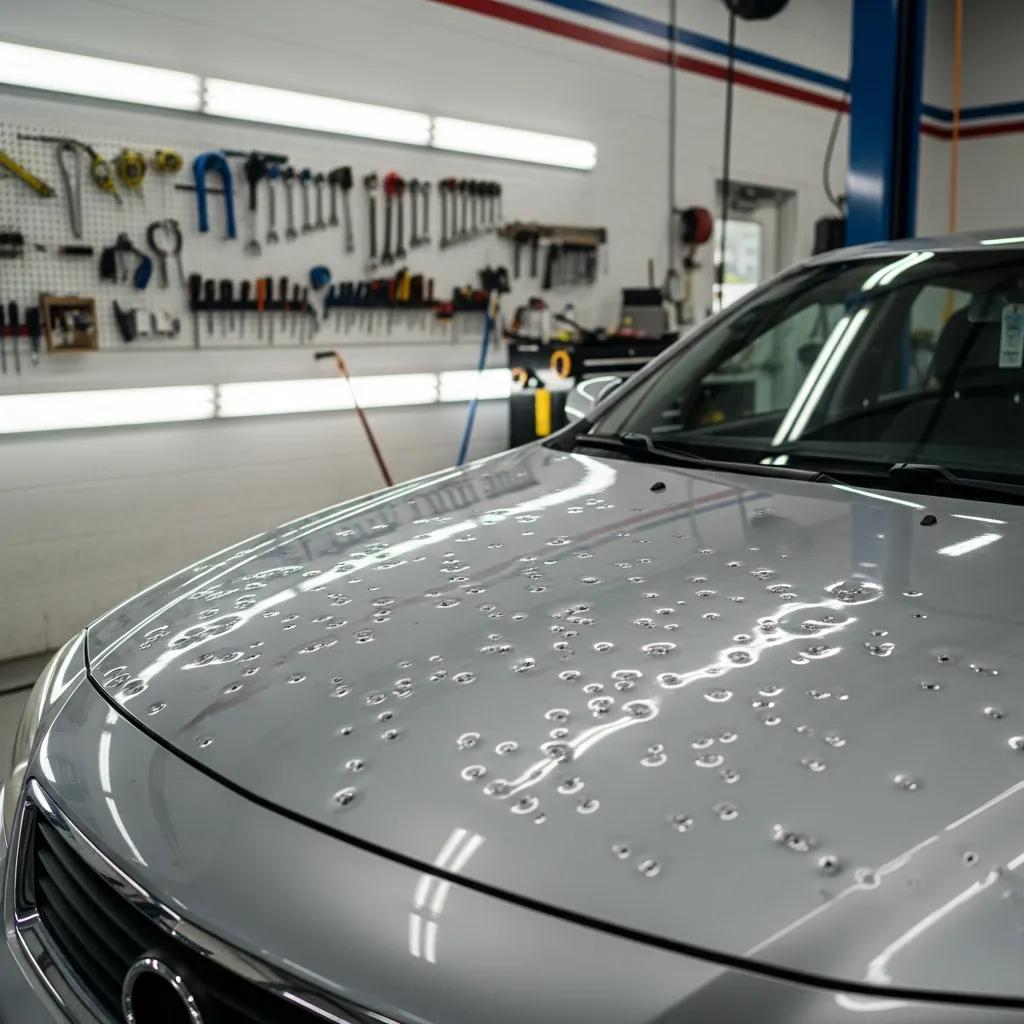 Hail-damaged car in an auto repair shop, illustrating the need for repair services