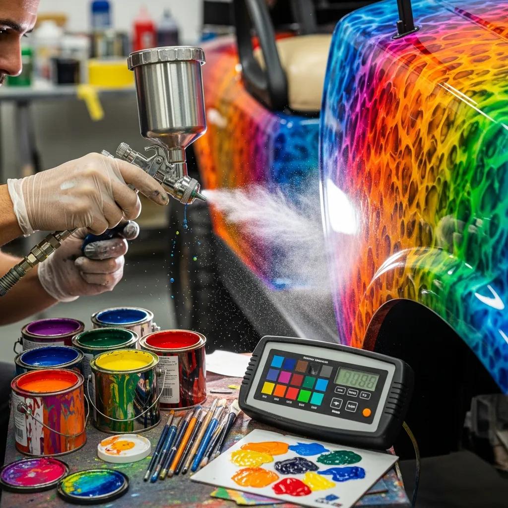 Technician applying a custom paint job to a golf cart, emphasizing the painting process
