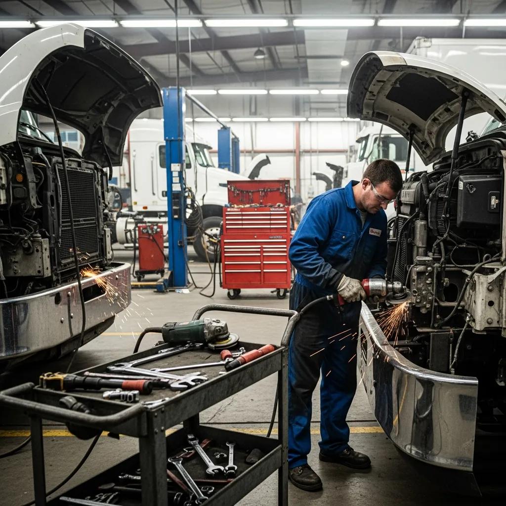 Technician performing collision repair on a semi-truck, showcasing specialized services