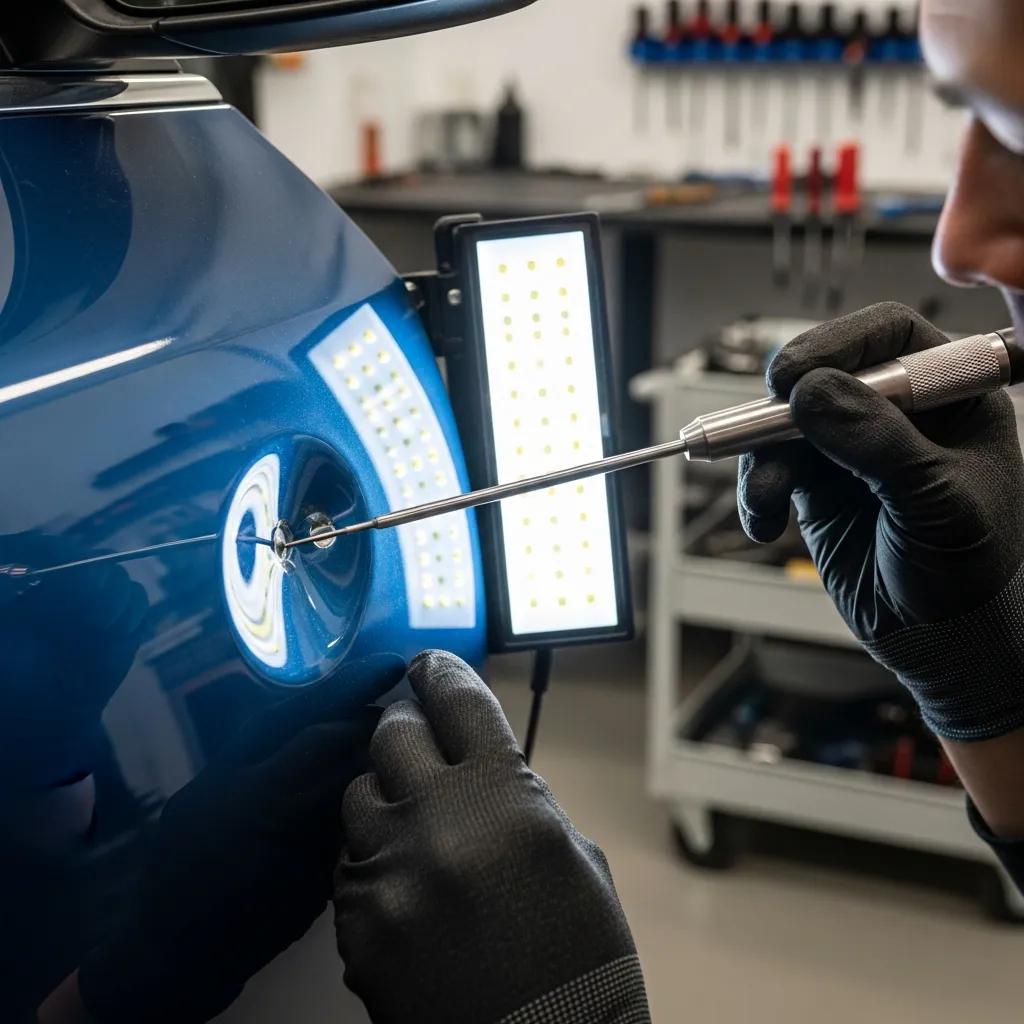 Technician performing paintless dent repair on a car door, illustrating efficient repair techniques