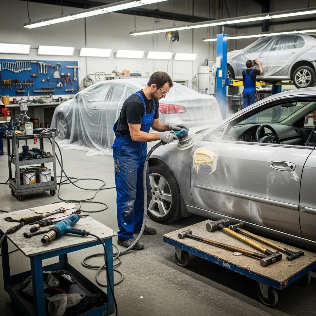 Technician performing traditional dent repair on a hail-damaged car in an auto body shop