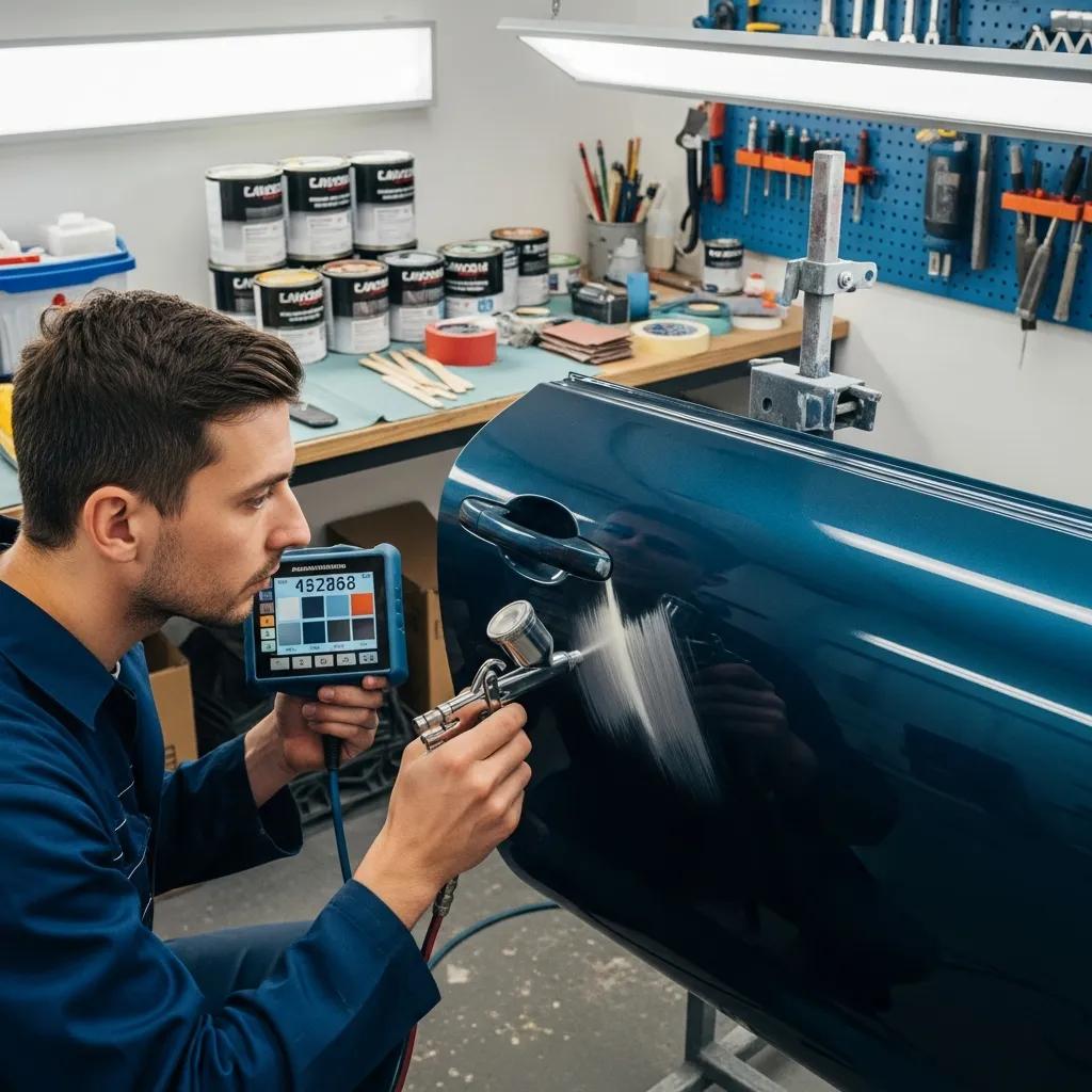 Technician refinishing a scratched car door, showcasing surface restoration techniques