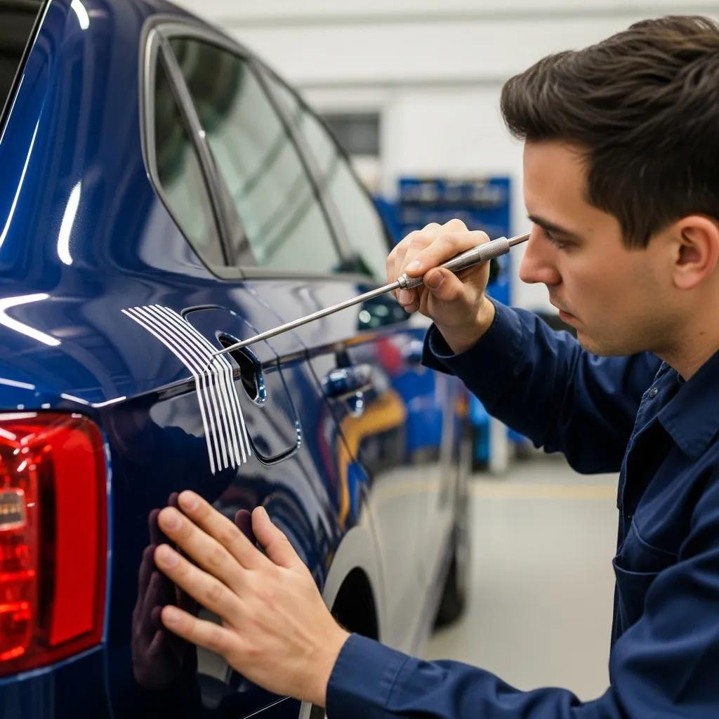 Technician using tools for paintless dent repair on a hail-damaged vehicle