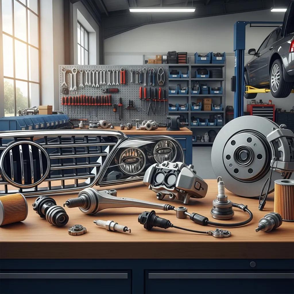 Various car parts on a workbench illustrating factors affecting collision repair costs